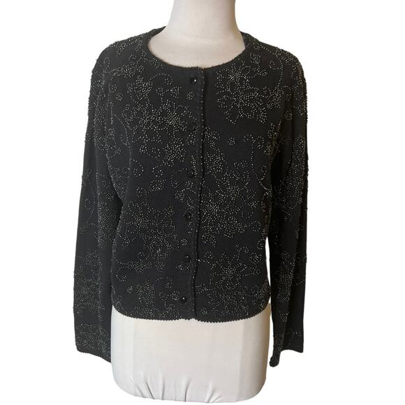 Michael Simon floral beaded cardigan sweater black sz L - Picture 1 of 5